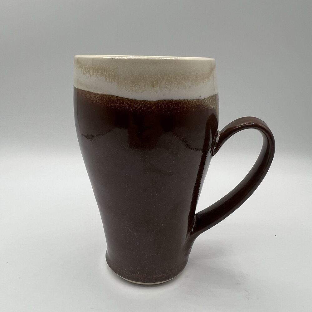 Studio Pottery Tall Mug Brown Cream Drip Glaze Signed R Handmade Ceramic Mug Cup